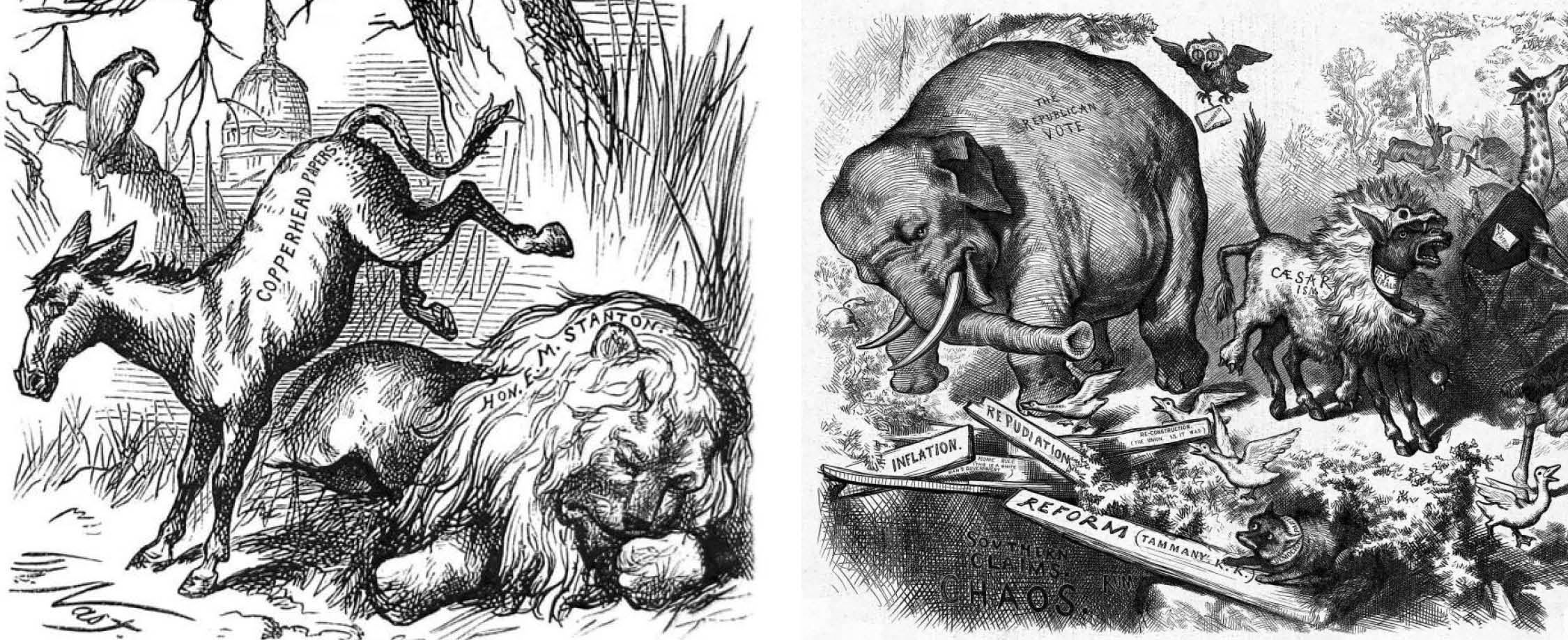 Image result for 1870 - A cartoon by Thomas Nast titled "A Live Jackass Kicking a Dead Lion" appeared in "Harper's Weekly." The cartoon used the donkey to symbolize the Democratic Party for the first time.